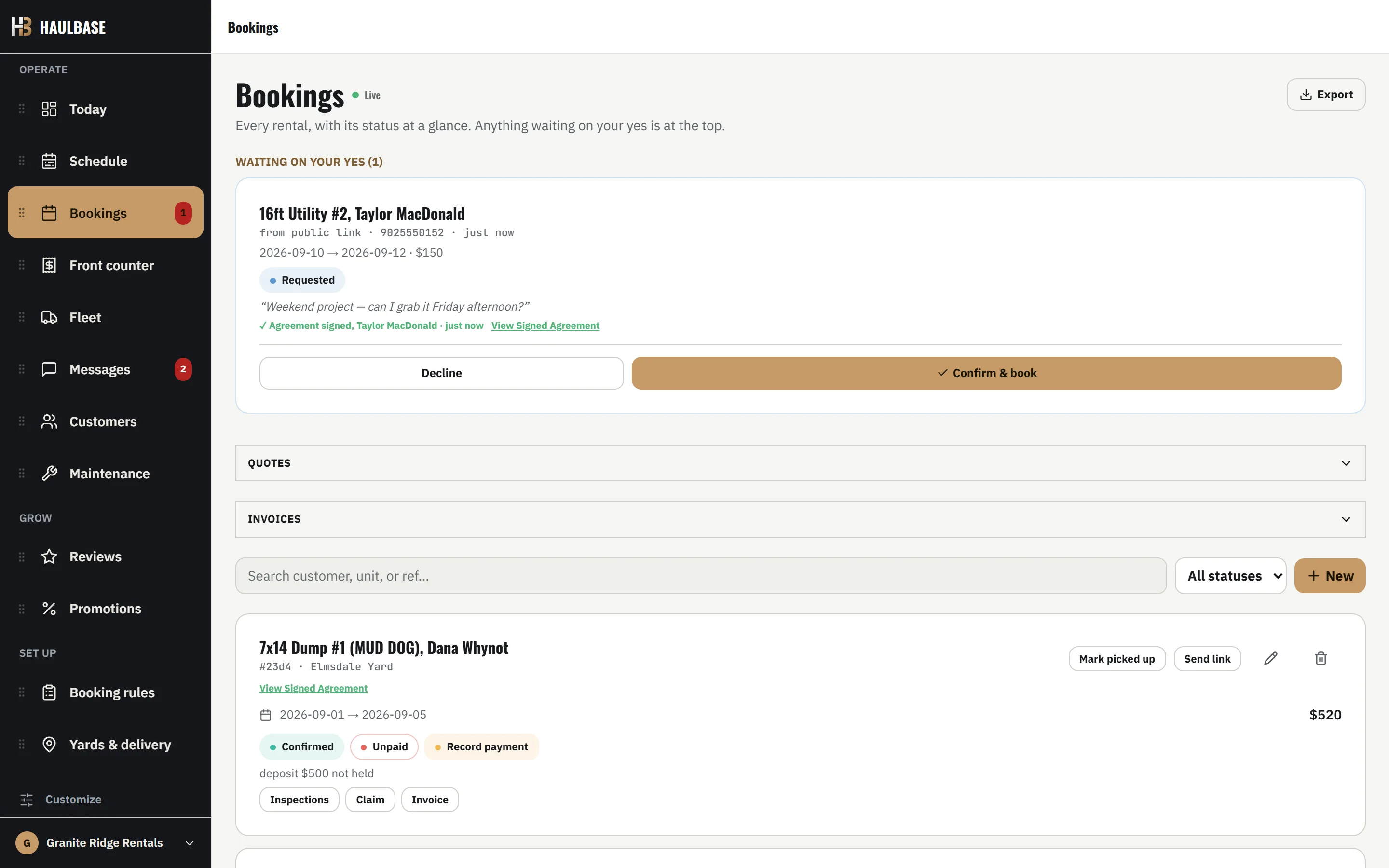A signed rental request pinned above the bookings ledger